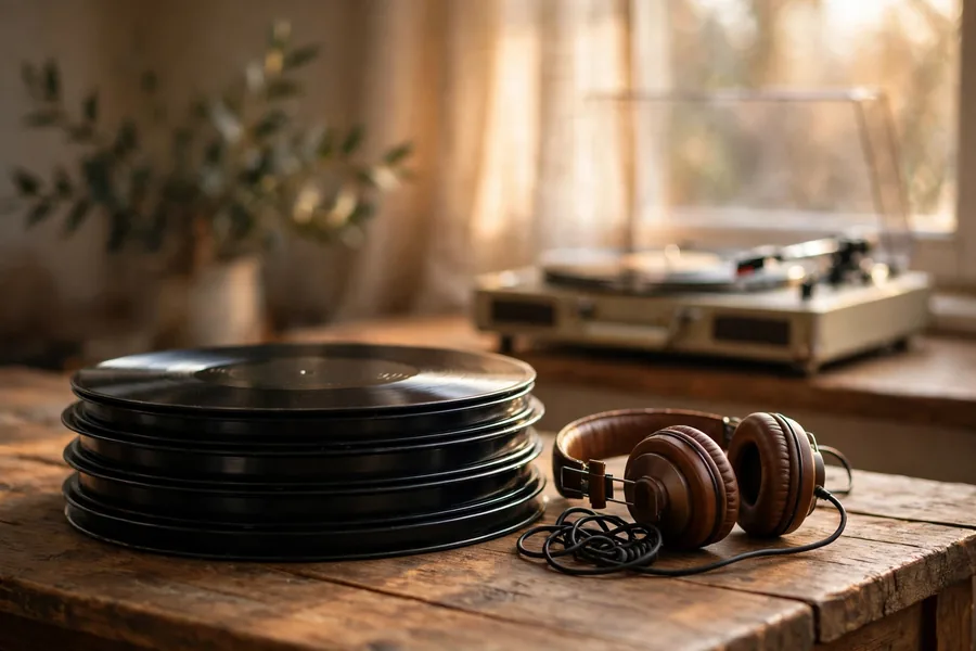 Tupac net worth today: a stack of vinyl records with headphones